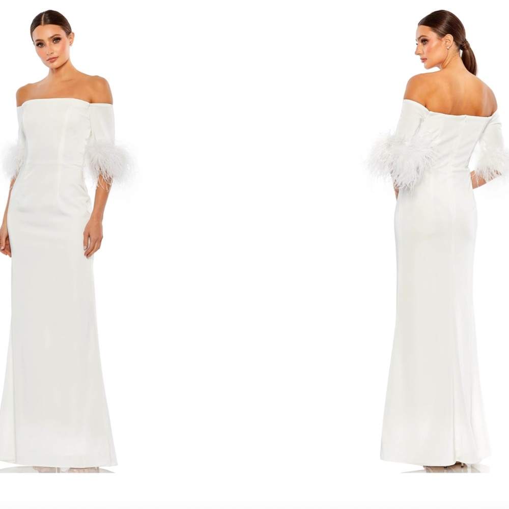 MAC DUGGAL 11441 WHITE FEATHER TRIM OFF THE SHOULDER COLUMN GOWN sz 8